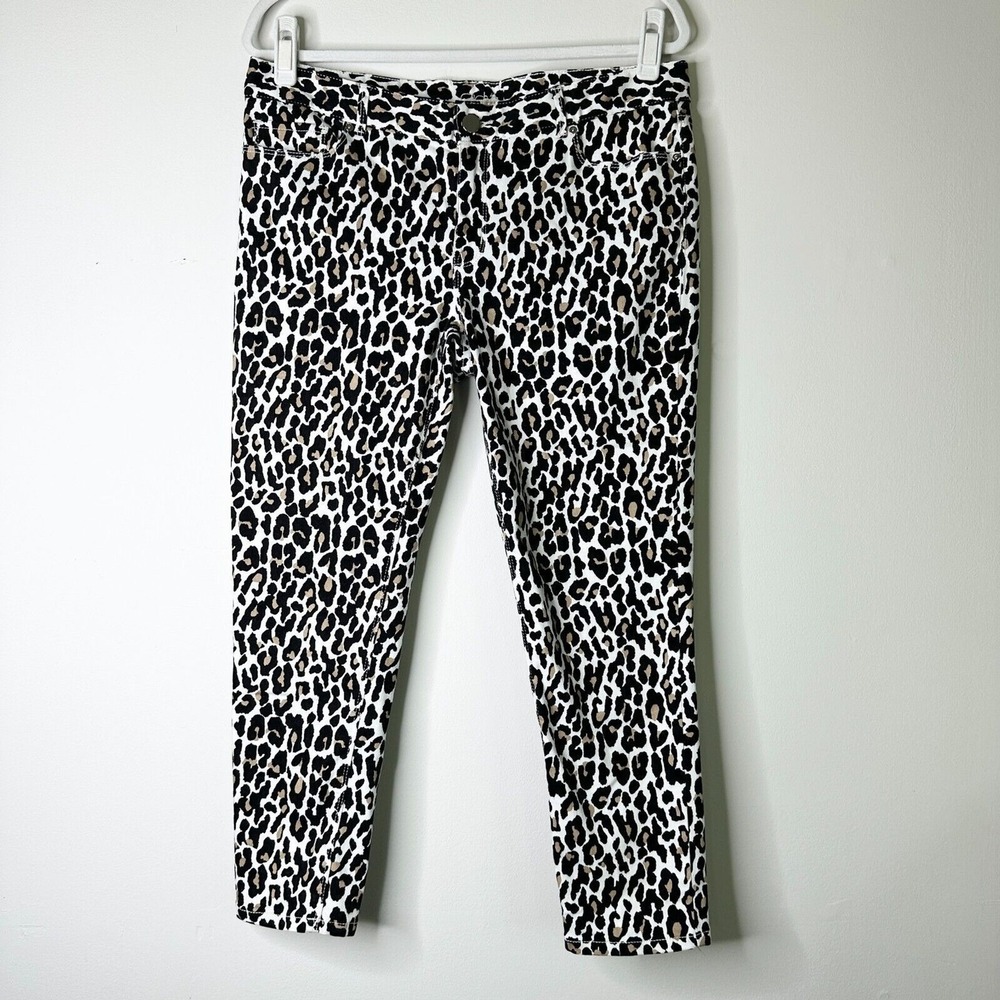 CACHE Jeans Women 12‎ White Black Animal Leopard Print Stretch Skinny Ankle NWOT